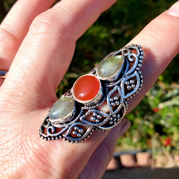 New Amazing Labradorite & Carnelian 925 Silver Ring. - Picture 5 of 12